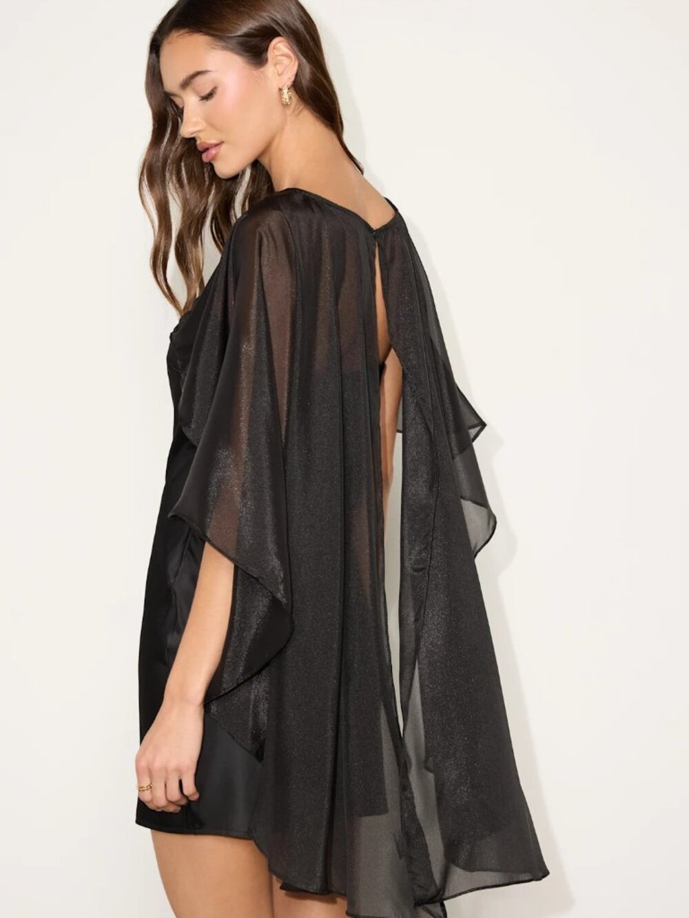 Satin Cape Sleeve Mini Dress - Picture 2 of 6